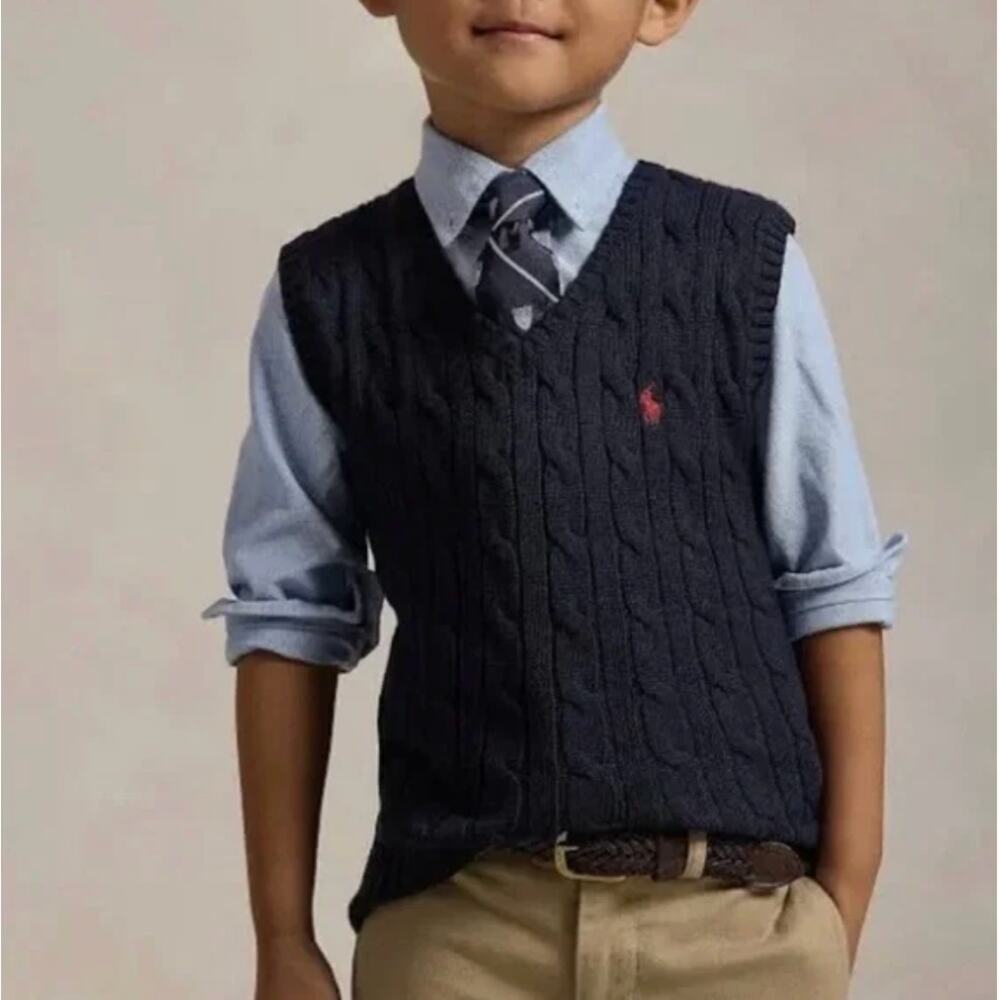 Polo Ralph Lauren Navy Blue Cable Knit V-Neck Sweater Vest Boys Size 6 Red Pony